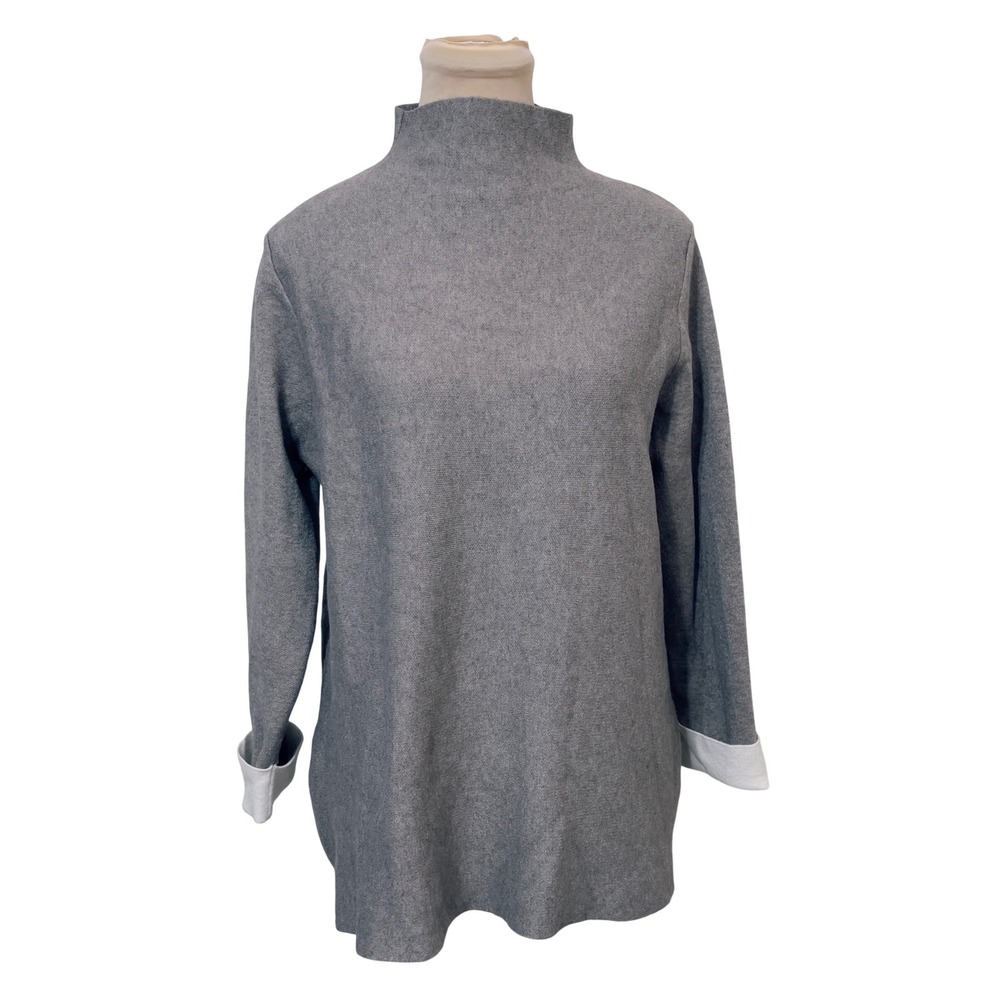 Tahari Women Gray Mock Neck Side Zip Sweater Large Tunic Minimalist Casual‎